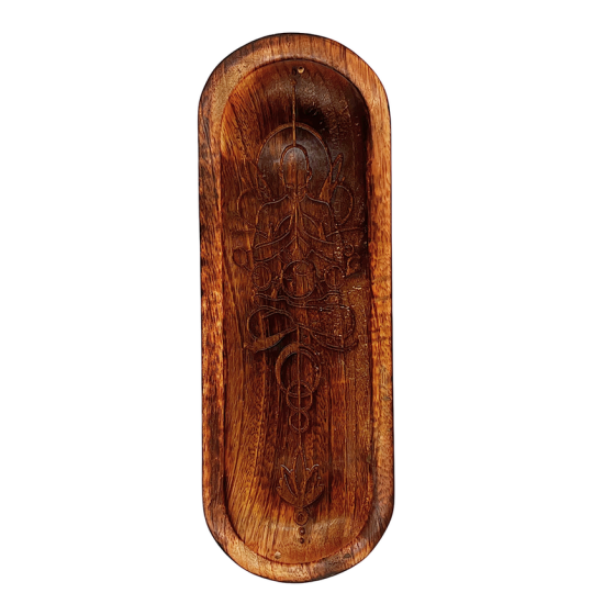 Bruciatore CENERESTOP per incensi con intarsio CONSAPEVOLEZZA in legno di mango cm.28×10 h.cm.2,5