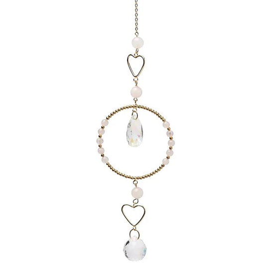 Acchiappasole cuori con quarzo rosa e cristallo