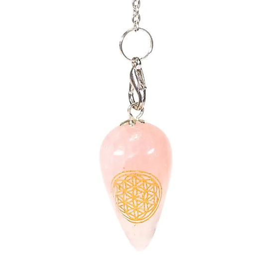 Pendolo in Quarzo rosa a goccia con Fiore della vita
