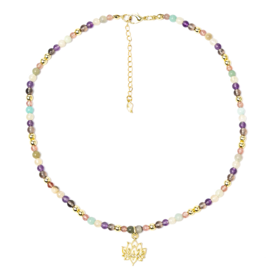 Collana regolabile loto, quarzo fragola, amazzonite, citrino, ametista, quarzo fumé, pirite