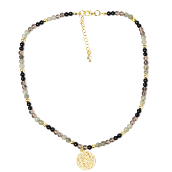 Collana regolabile Fiore della vita, tormalina nera, quarzo fumé, labradorite e pirite