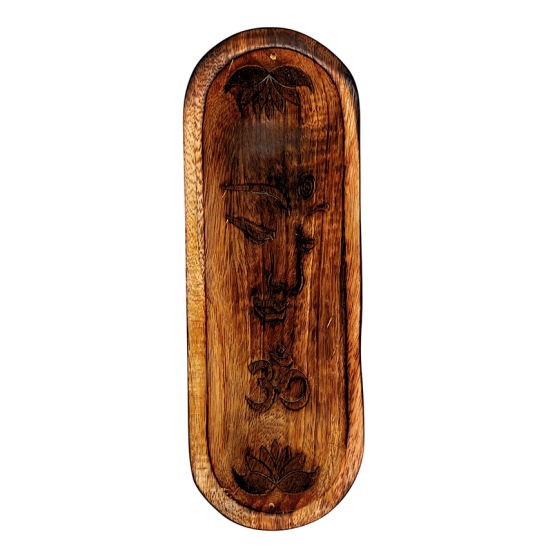 Bruciatore CENERESTOP per incensi con intarsio BUDDHA e OHM in legno di mango cm.28×10 h.cm.2,5