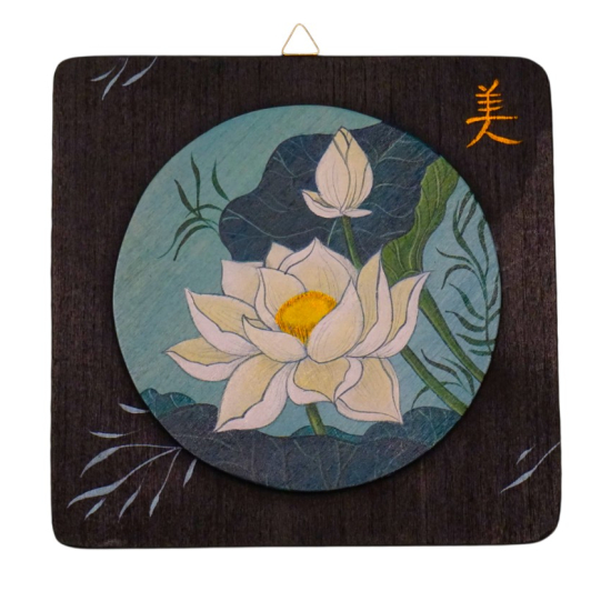 Quadretto fiore di loto sfondo blu dipinto a mano