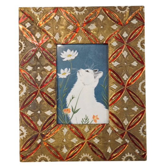 Cornice con gatto bianco dipinto a mano