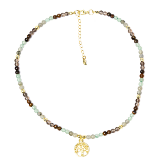 Collana regolabile Albero della vita, quarzo fumé, occhio di tigre, labradorite e avventurina