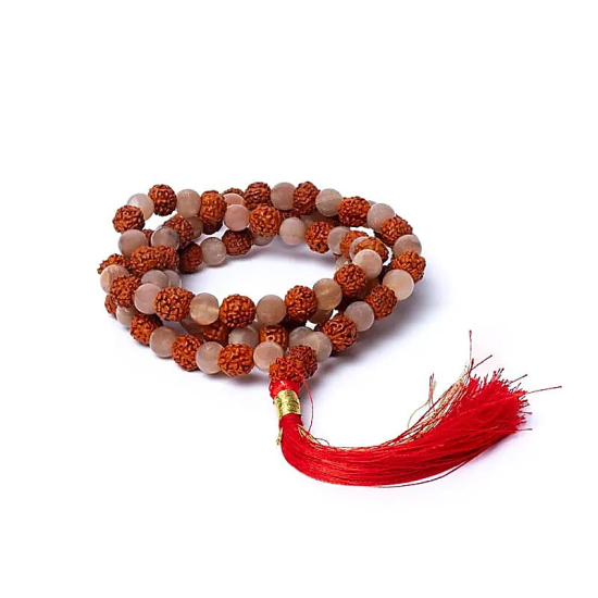 Mala in pietra di luna color pesca e rudraksha