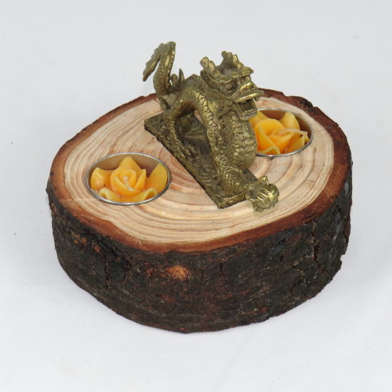 Portacandele in legno di cedro con drago in bronzo