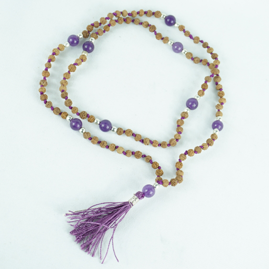 Mala Rudraksha e Ametista con fiocco viola