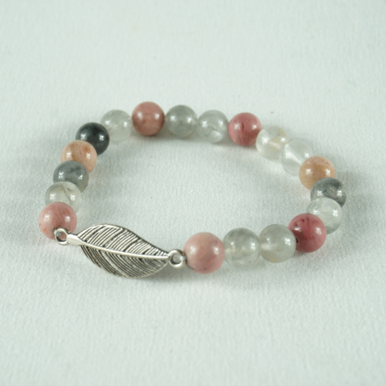 Mala bracciale in Rodonite/Quarzo grigio con piuma