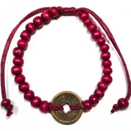 Braccialetto Feng Shui con perline e moneta rosso