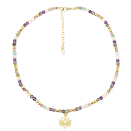 Collana regolabile loto, quarzo fragola, amazzonite, citrino, ametista, quarzo fumé, pirite