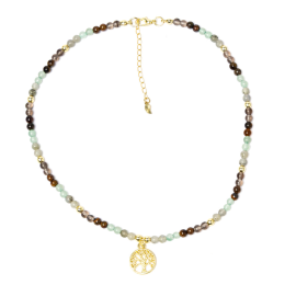 Collana regolabile Albero della vita, quarzo fumé, occhio di tigre, labradorite e avventurina