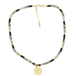 Collana regolabile Fiore della vita, tormalina nera, quarzo fumé, labradorite e pirite