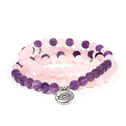 Mala elastico Quarzo rosa/Ametista con Loto